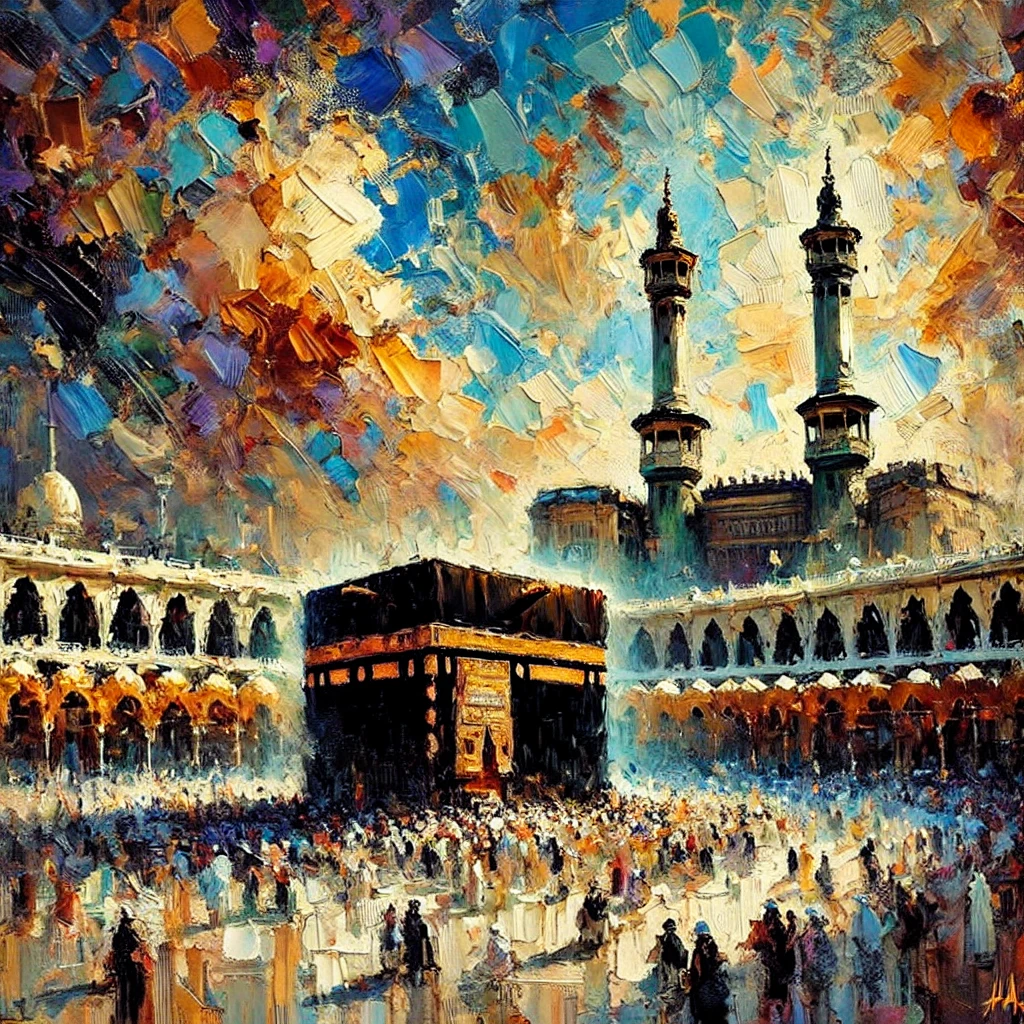 "An oil painting of the Ka'bah in an impressionist style, with bold brushstrokes and vibrant color contrasts."