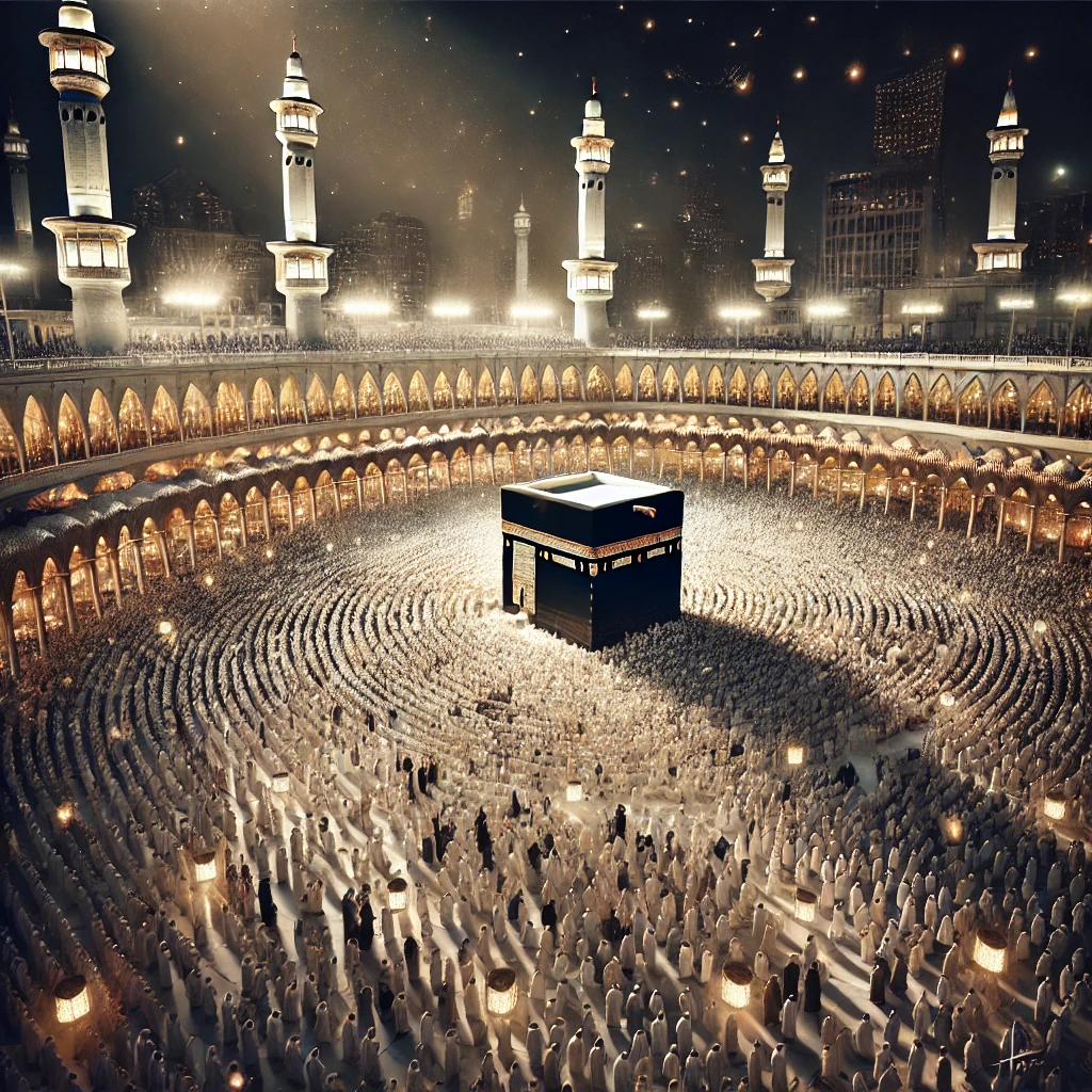 A highly detailed, photorealistic illustration of the Ka'bah at night, illuminated by soft golden lights, with thousands of worshippers performing Tawaf