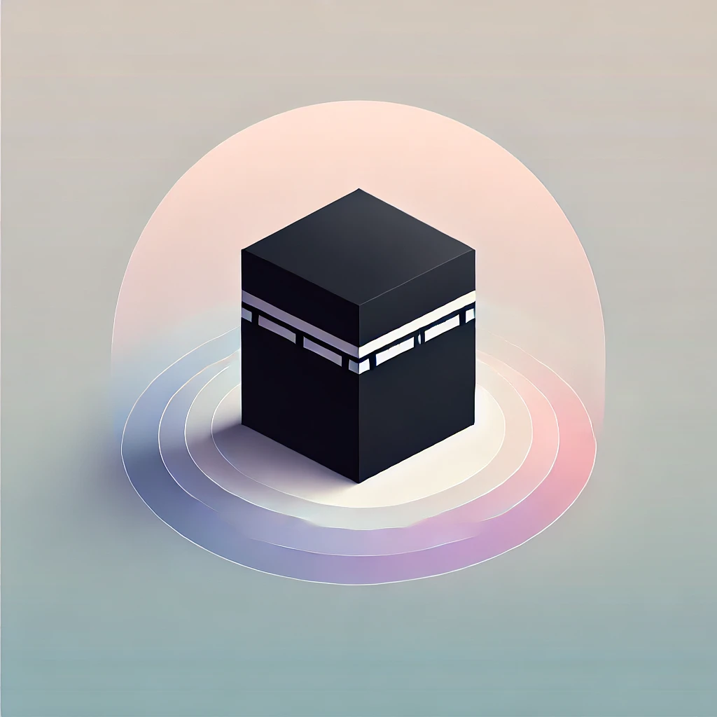 A pastel-colored, soft gradient minimalistic representation of the Ka'bah, evoking peace and tranquility