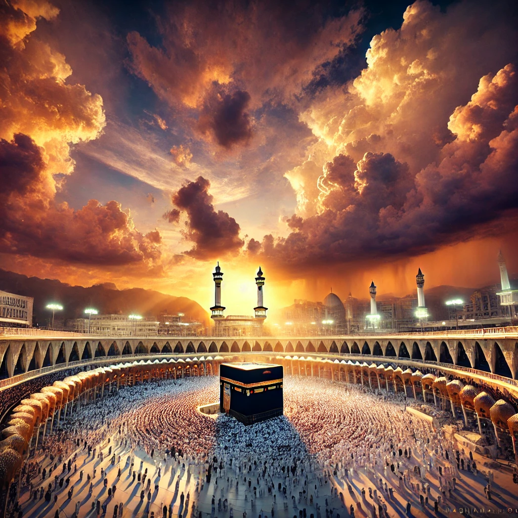 A realistic sunset view of the Ka'bah with dramatic lighting and clouds in the sky, capturing the spiritual atmosphere.