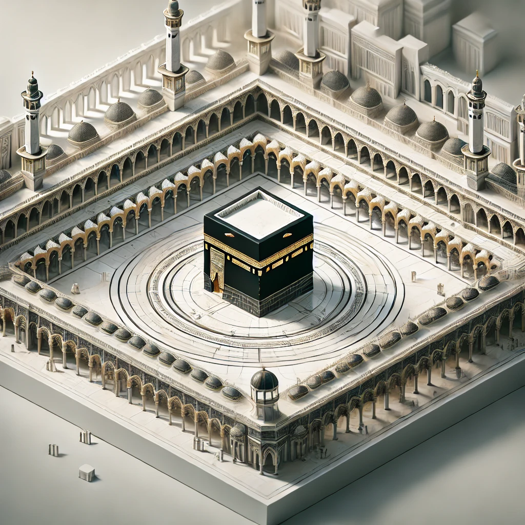 "An isometric 3D render of the Ka'bah, showing its architectural precision and surrounding elements."